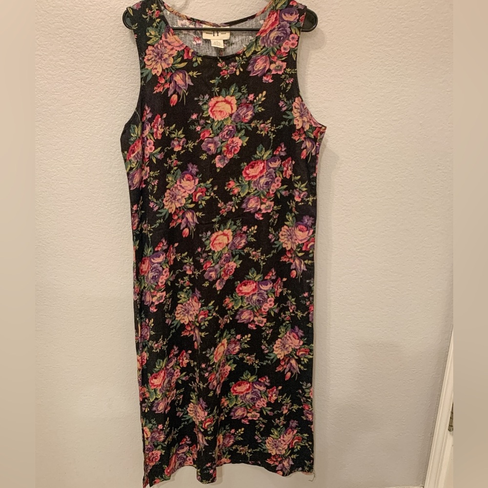 Vintage Original TY Wear 90s Linen Black Floral Sleeveless Maxi Long Dress 14